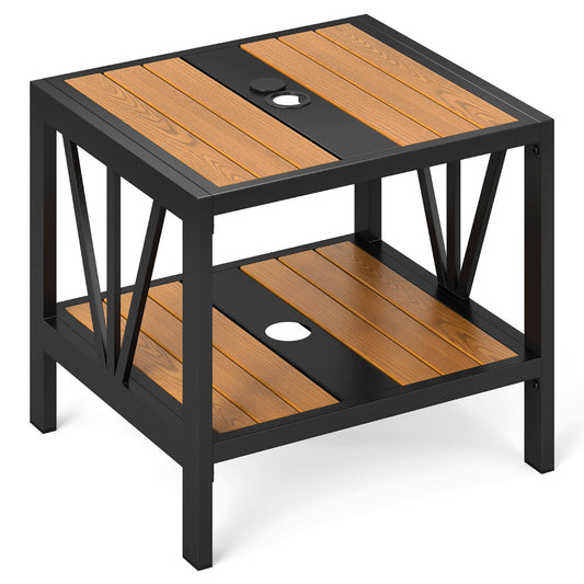 Outdoor Side Table with a black metal frame and wood-look slats on two tiers