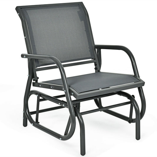 Outdoor Single Swing Glider Rocking Chair for Backyard in grey metal with a mesh seat and back