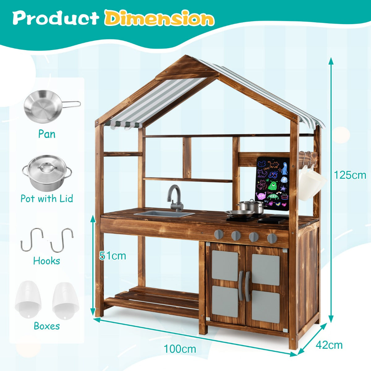 Product dimensions diagram for the wooden play kitchen set