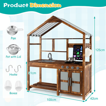 Product dimensions diagram for the wooden play kitchen set