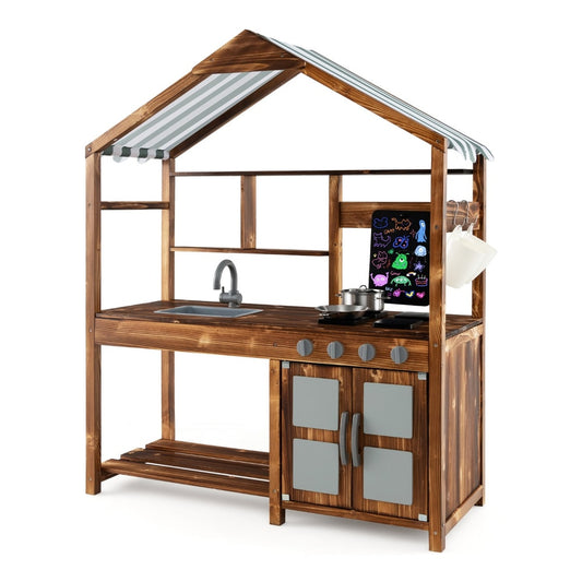 Outdoor Solid Wood Mud Kitchen with canopy and rotatable faucet