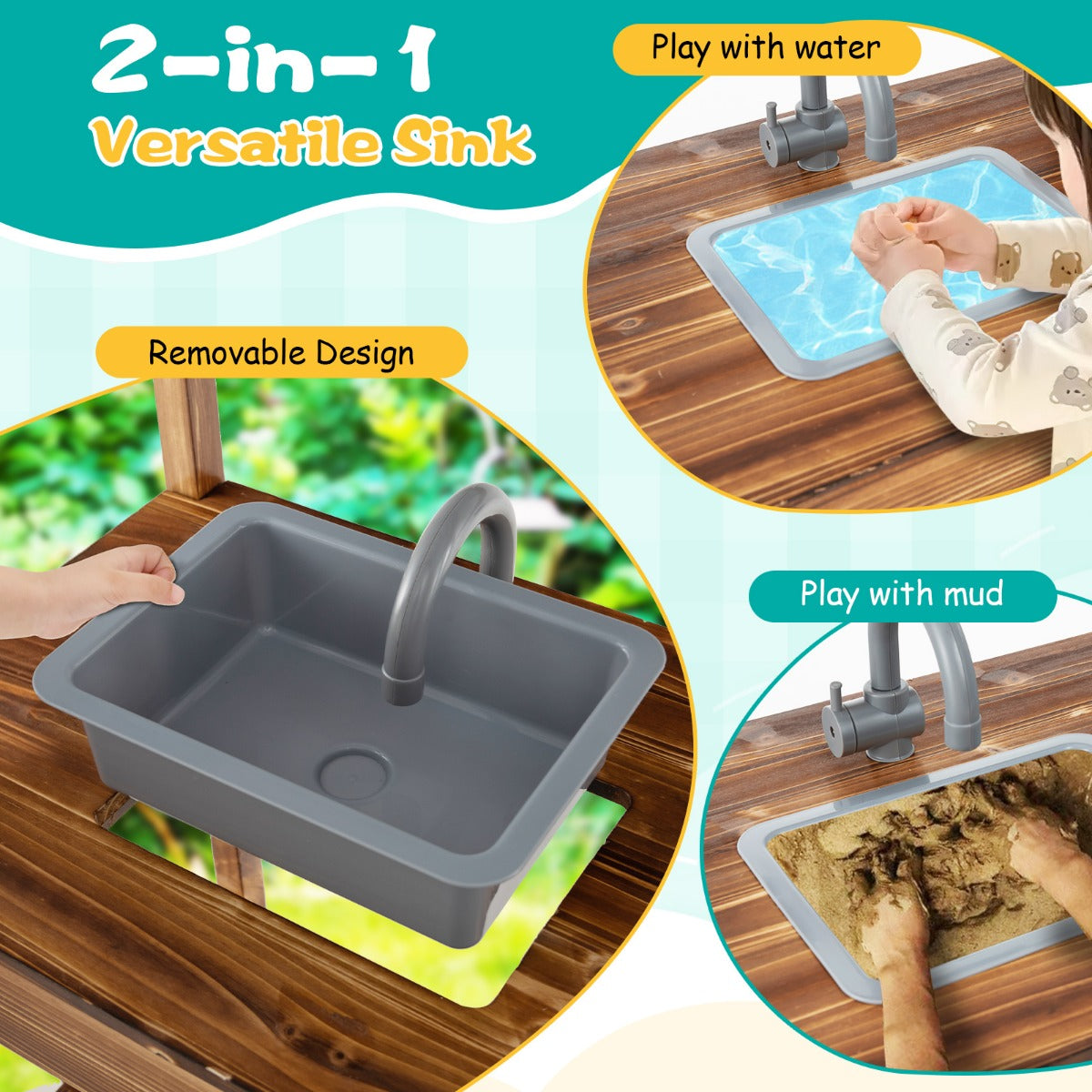 The sink area of the play kitchen set showing its removable design and use with water and mud