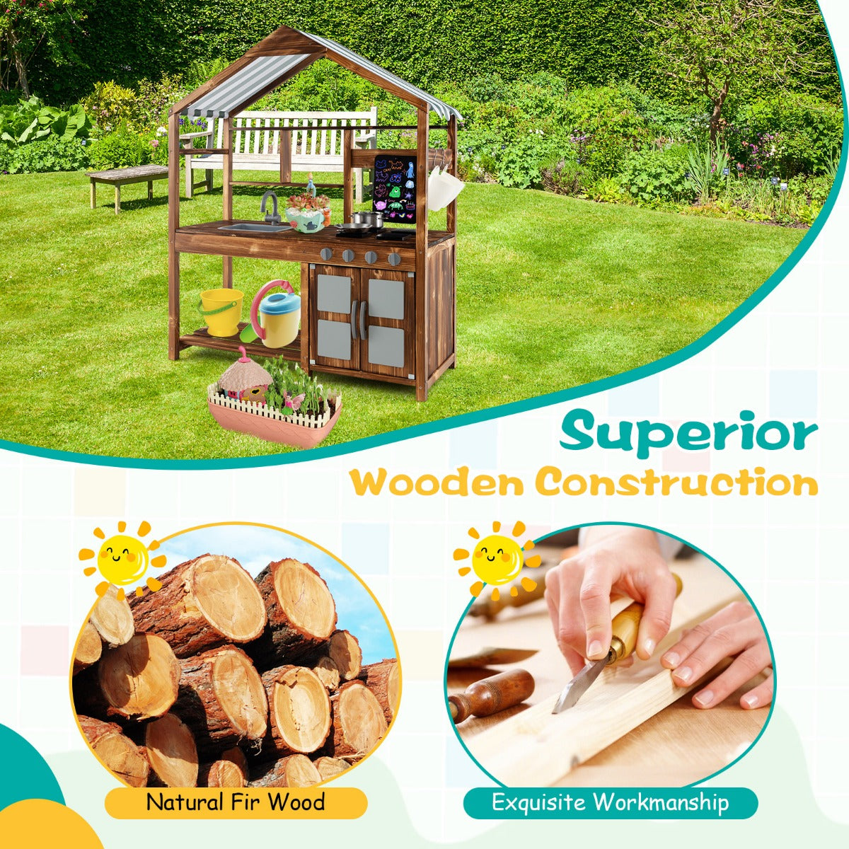 Close up of the natural fir wood construction of the play kitchen set