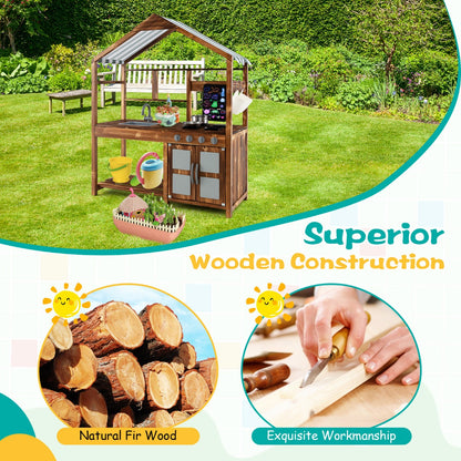 Close up of the natural fir wood construction of the play kitchen set