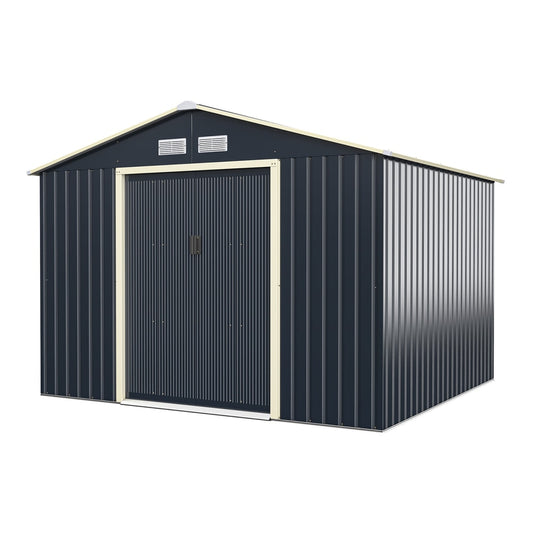 Outdoor Storage Shed 9.1x6.3 FT with Extension Kit & Sliding Door for Garden Backyard-Grey, a grey metal garden shed with a