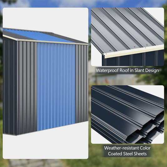 The outdoor storage shed extension kit has a waterproof roof and weather-resistant steel sheets