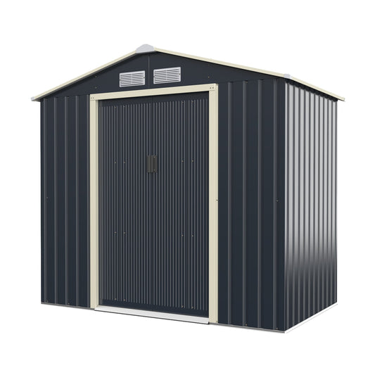 Outdoor Storage Shed with 4 vents and double sliding door, a dark grey metal garden shed