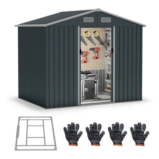 Outdoor Storage Shed with Sloping Top and Sliding Doors grey metal shed with tools inside and gloves and frame on the floor