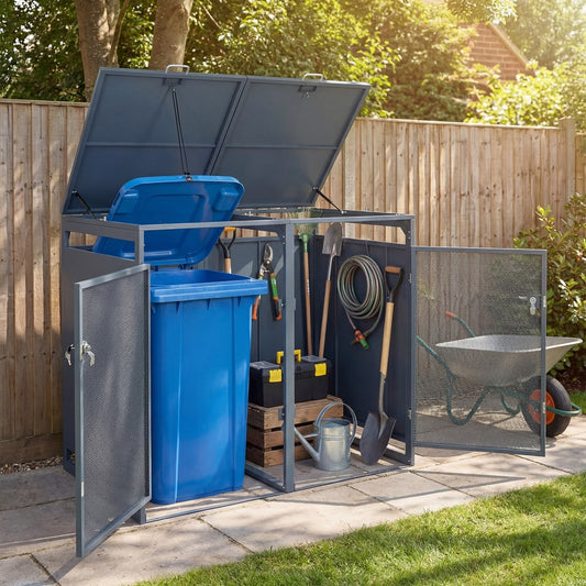 The outdoor bin storage unit with its lid open, showing a blue bin and garden tools inside