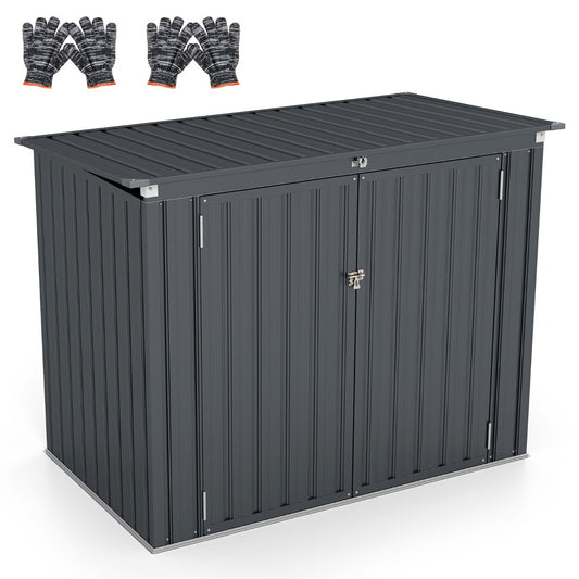 Outdoor Trash Can Storage Shed with Double Openings-Grey, a grey outdoor storage shed with double doors and a sloped roof