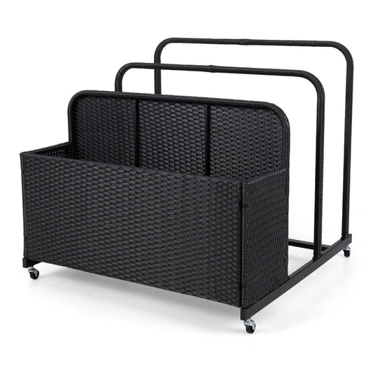 Outdoor Wicker Patio Pool Float Storage Organizer for Floaties in black with wheels and metal frames