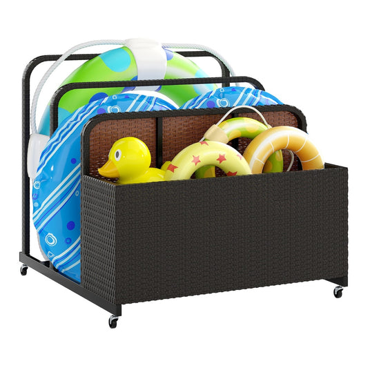 Outdoor Wicker Patio Pool Float Storage Organizer for Floaties filled with colourful pool rings