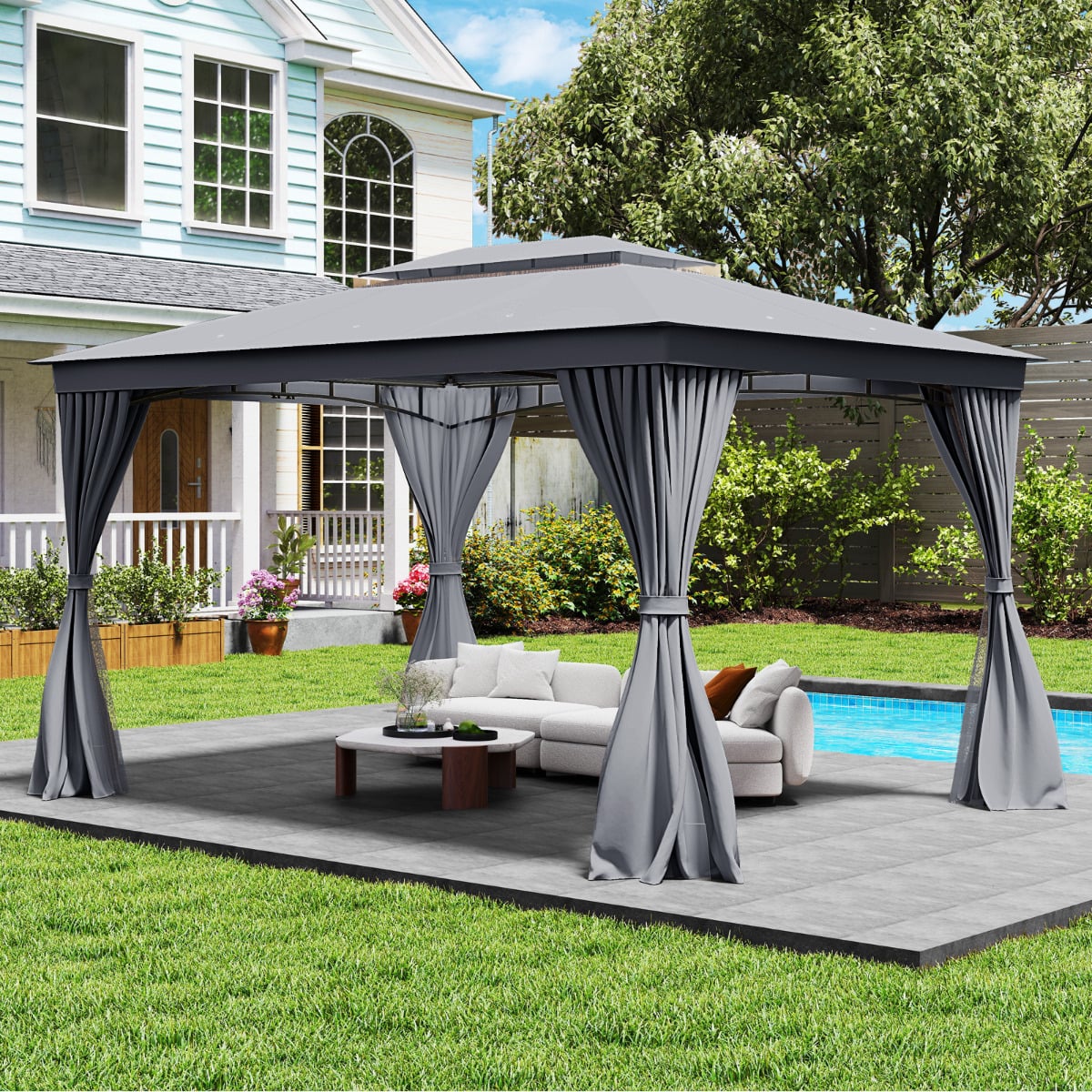 Outdoor Double-Roof Patio Gazebo Canopy Tent with Mesh Netting-Grey