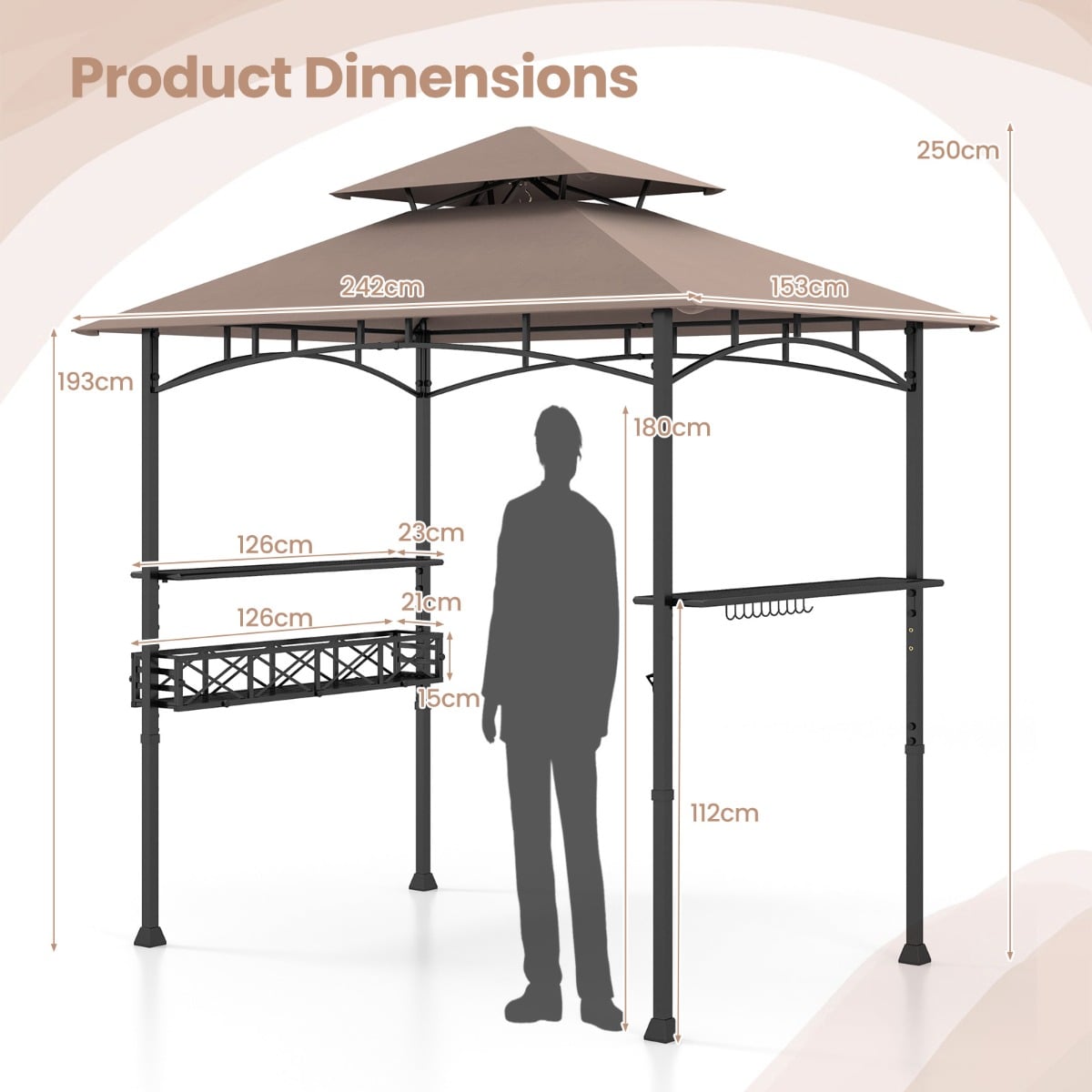 Outdoor Grill Gazebo Double Tiered BBQ Canopy Tent with 2 Side Shelves-Brown