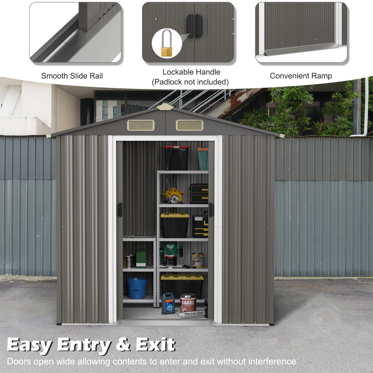 6 x 4 Feet Outdoor Metal Storage Shed with Ventilation Sliding Doors-Grey
