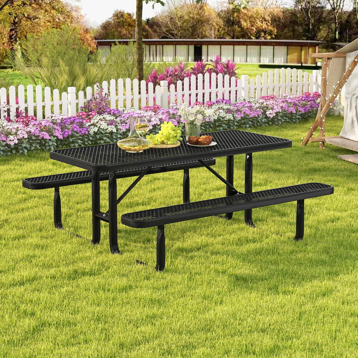 Outdoor Picnic Table & Bench Set for 8 with Seats & Mesh Grid-Black