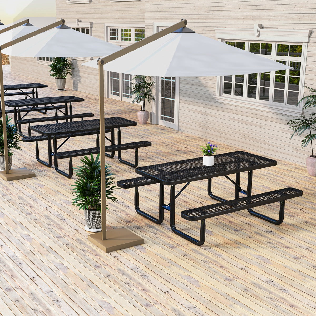 Outdoor Picnic Table & Bench Set for 8 with Seats & Mesh Grid-Black