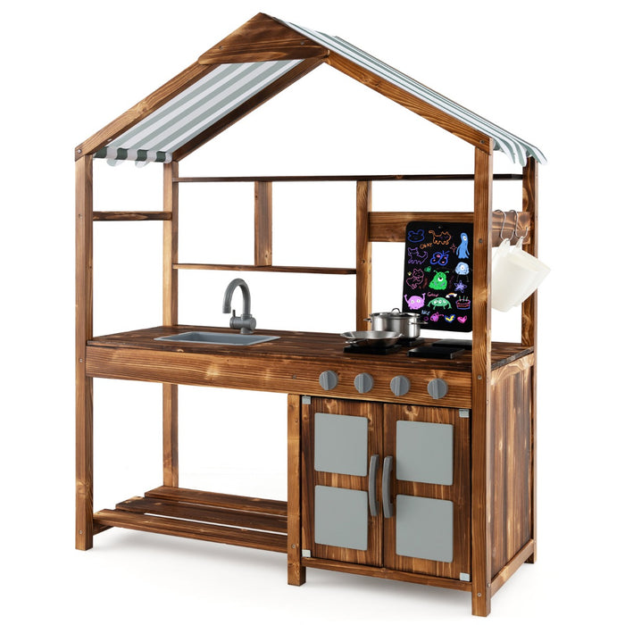 Outdoor Solid Wood Mud Kitchen with canopy and rotatable faucet