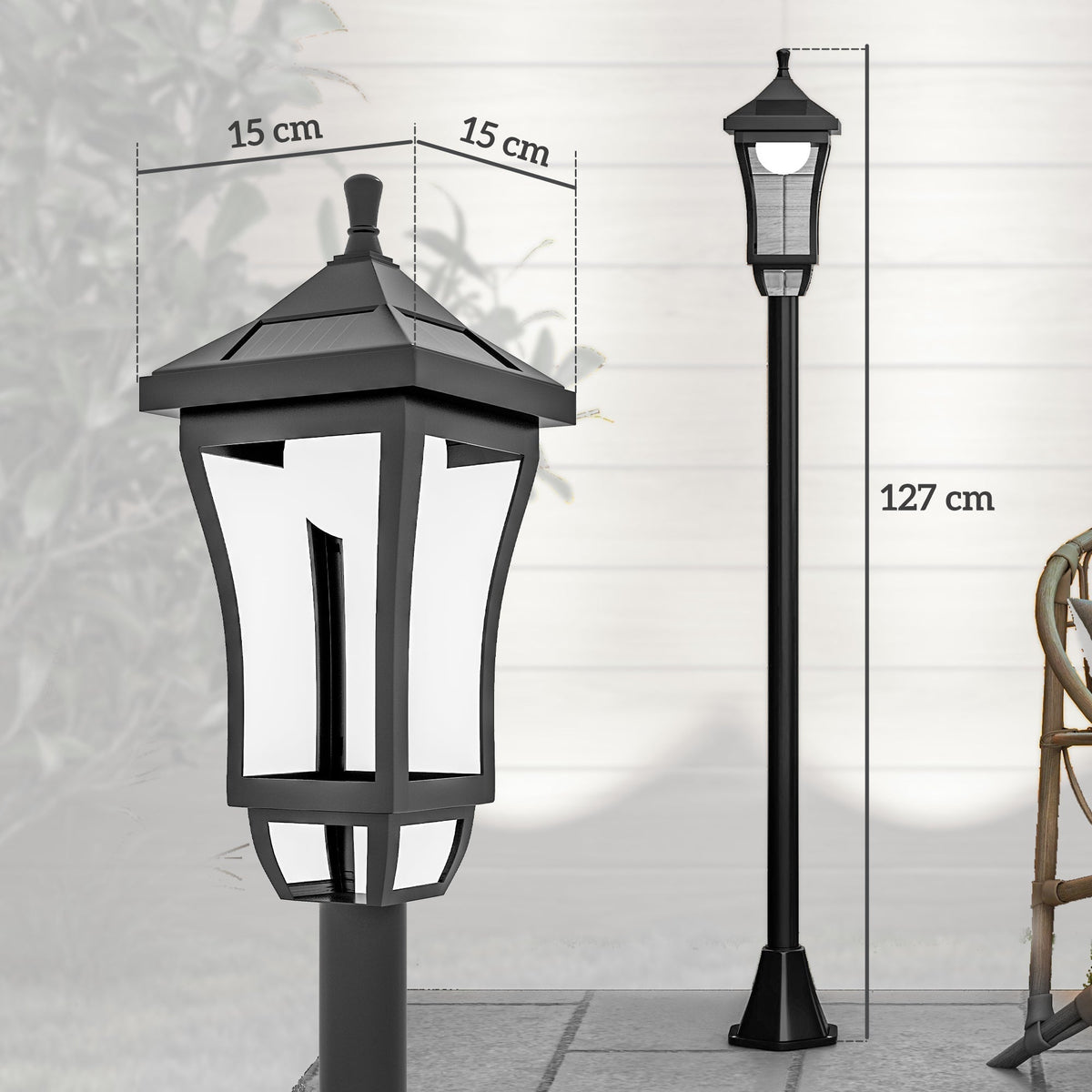 The outdoor solar post light with dimensions shown for its width and height