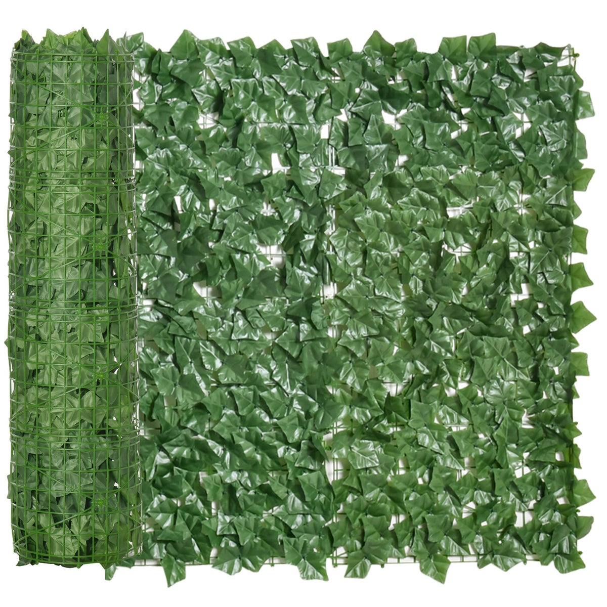 Outsunny 1-Piece Artificial Leaf Hedge Screen Privacy Fence Panel shown half rolled and half unrolled