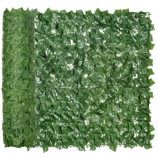 Outsunny 1-Piece Artificial Leaf Hedge Screen Privacy Fence Panel shown half rolled and half unrolled