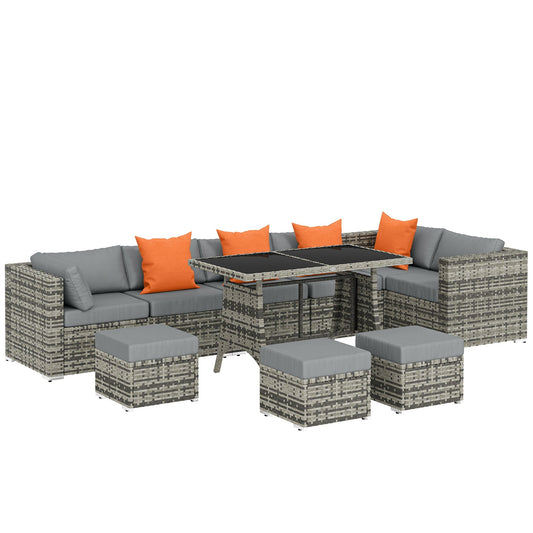 Outsunny 10 Piece Rattan Garden Furniture Set, a grey woven modular sofa with orange cushions and stools