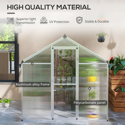 Close up of the greenhouse showing aluminium frame and polycarbonate panels