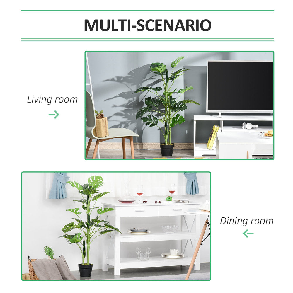 The artificial monstera tree is shown in a living room and a dining room to demonstrate its versatility