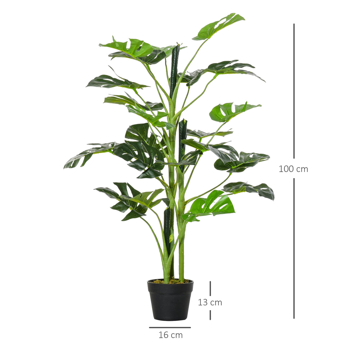 The artificial tropical palm tree is displayed with a size guide showing its height and pot width
