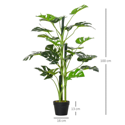 The artificial tropical palm tree is displayed with a size guide showing its height and pot width
