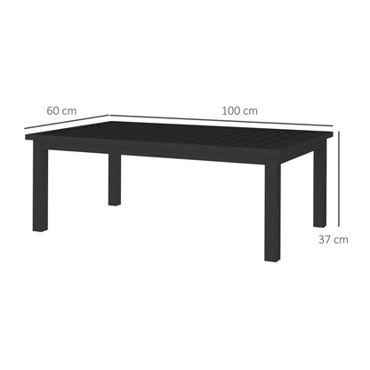 Dimensions of the black garden table shown with labels for length and width