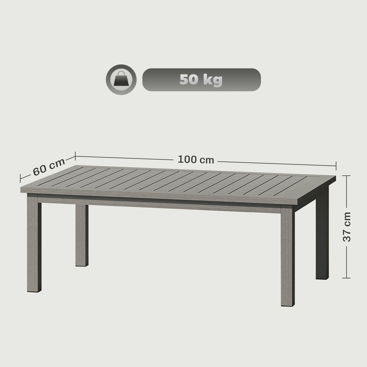 Diagram showing the dimensions of the grey garden table