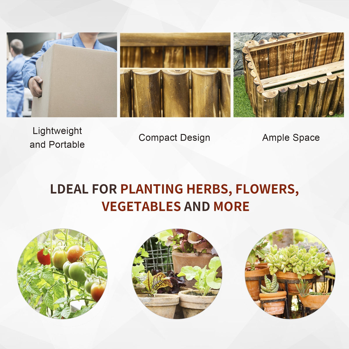 Collage showing the wooden planter's lightweight design, compact build and ample space for planting