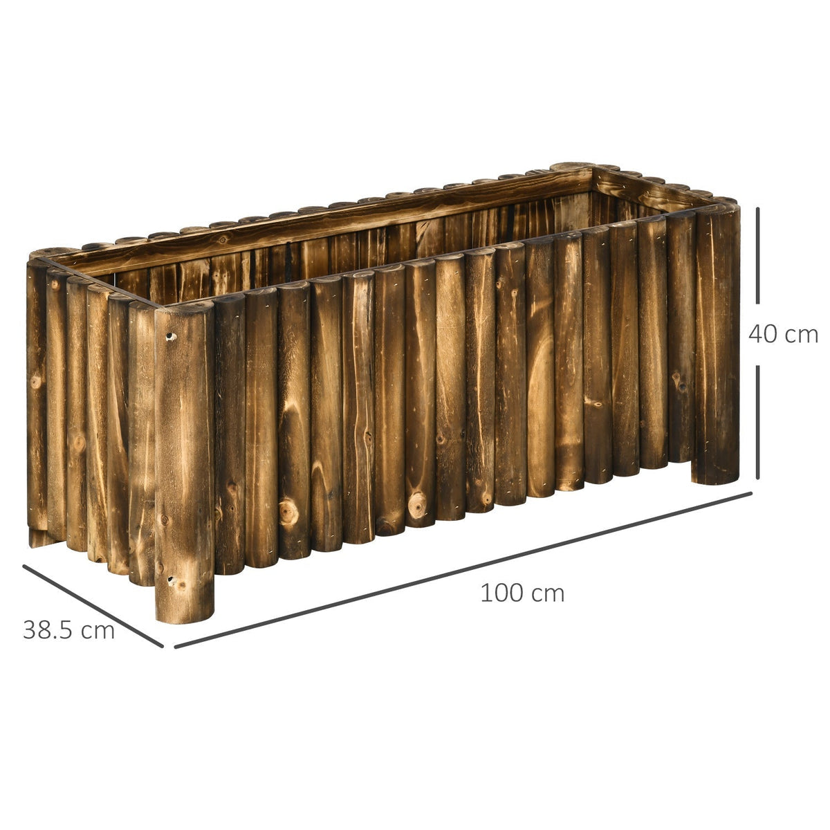 A wooden planter with dimensions labelled 100cm long, 38.5cm wide and 40cm high