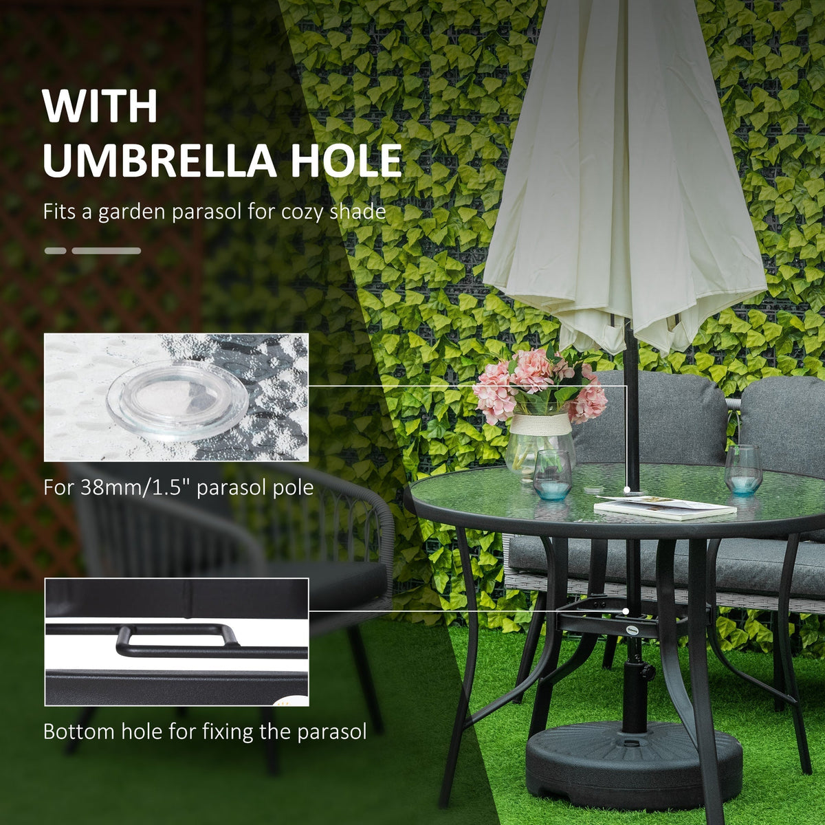 Close up of the garden table showing the parasol hole and base fitting