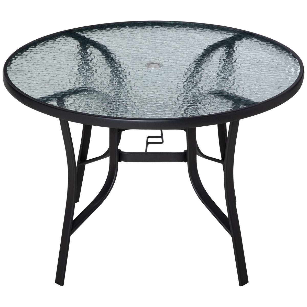 Outsunny 106cm Round Garden Dining Table with a clear tempered glass top and black steel frame