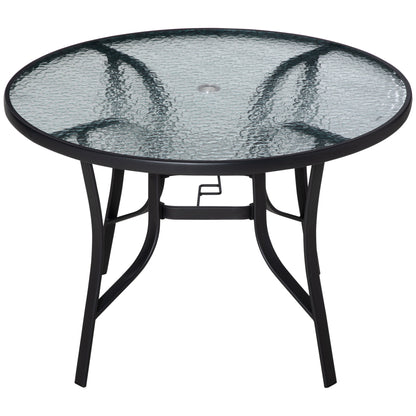Outsunny 106cm Round Garden Dining Table with a clear tempered glass top and black steel frame