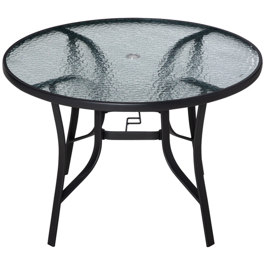 Outsunny 106cm Round Garden Dining Table with a clear tempered glass top and black steel frame
