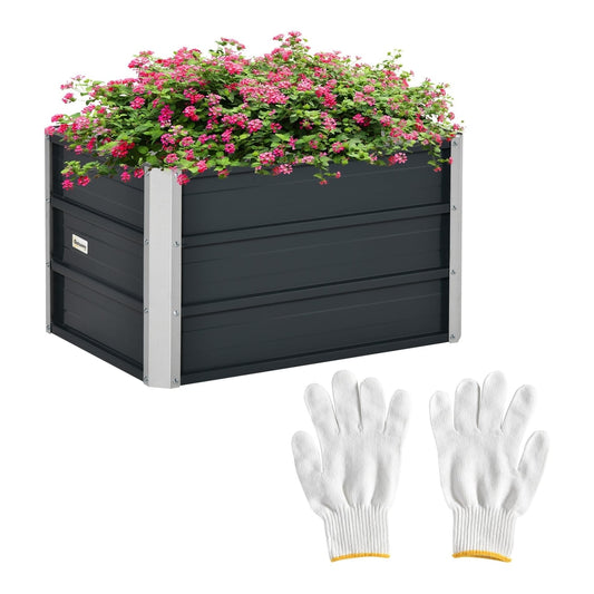 Outsunny 108L Raised Garden Bed with pink flowers and white gloves