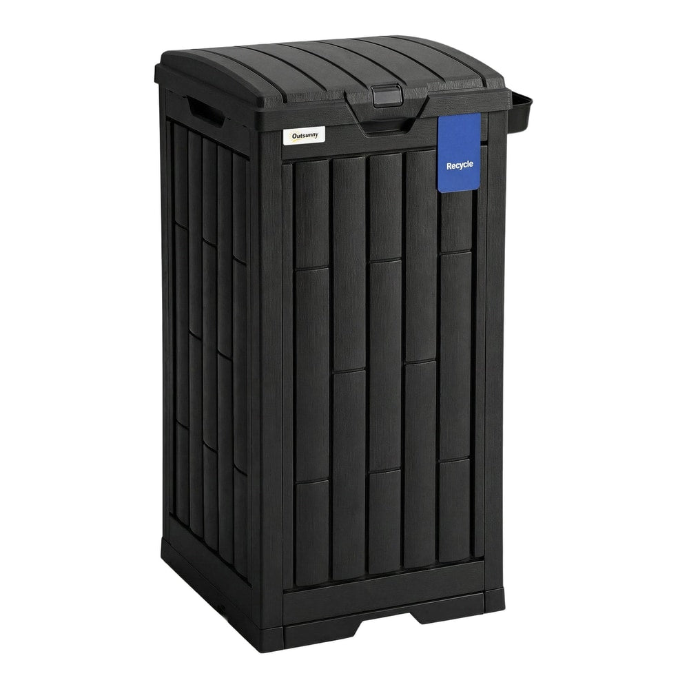 Outsunny 110 L Outdoor Bin with Dual Lid, a black plastic bin with a textured lid and a blue recycle label