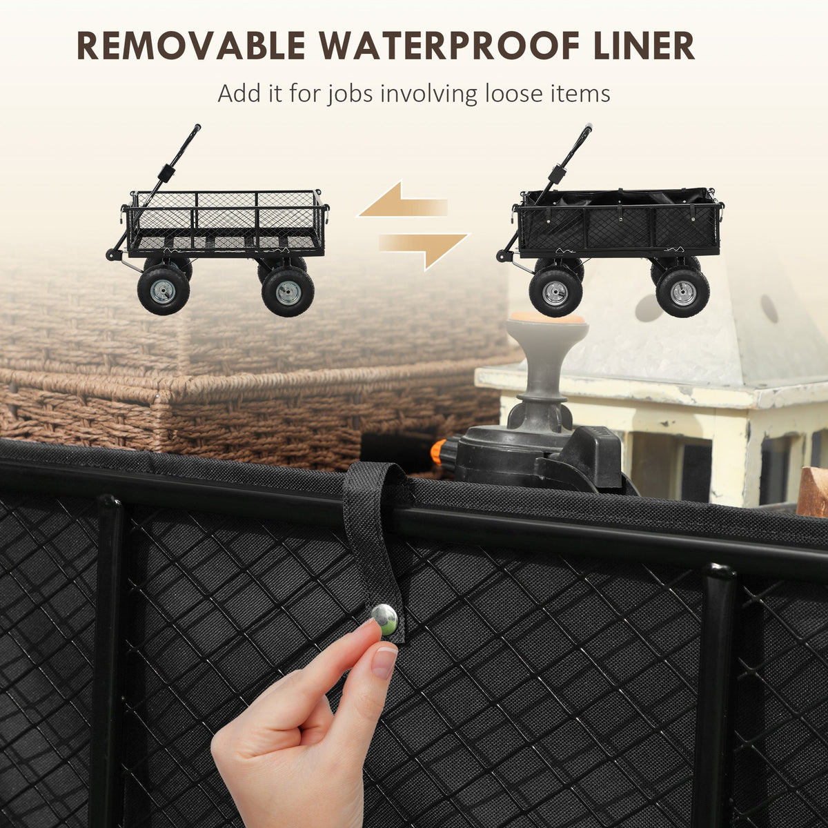 Demonstration of the removable waterproof liner for the garden trolley, showing it being attached