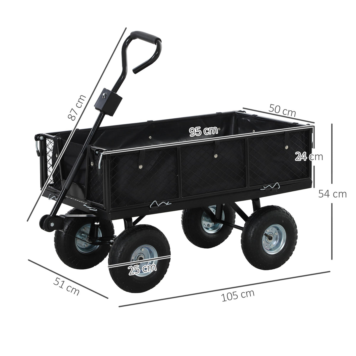 Dimensions of the black garden trolley, showing height, width, and depth measurements