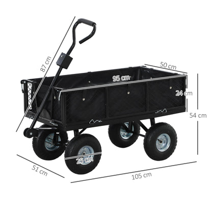 Dimensions of the black garden trolley, showing height, width, and depth measurements