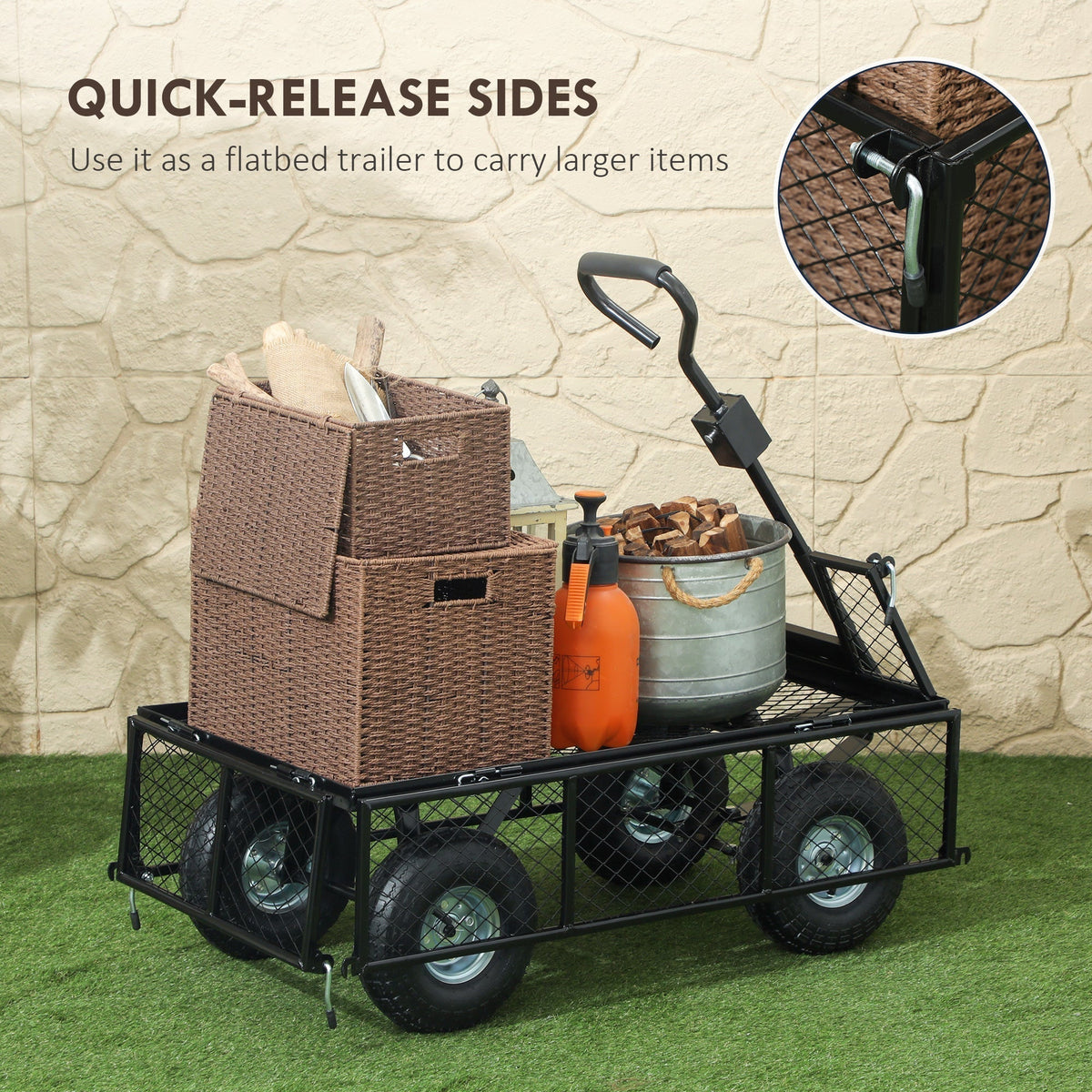 The garden trolley with quick-release sides folded down, carrying baskets and gardening tools