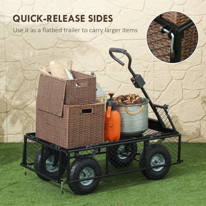 The garden trolley with quick-release sides folded down, carrying baskets and gardening tools
