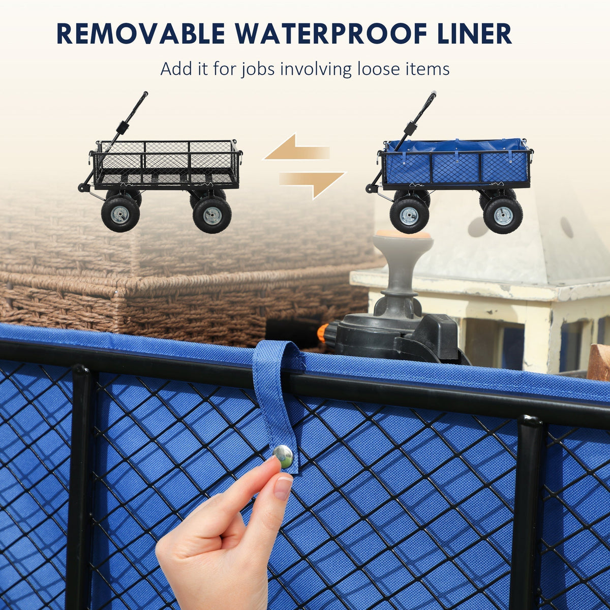 Close up of a hand attaching the waterproof liner to the garden trolley