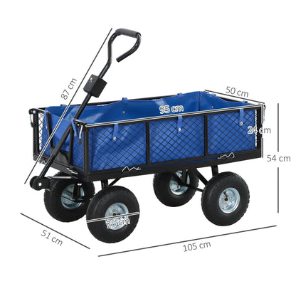 Dimensions of the blue steel frame garden cart trolley shown with measurements