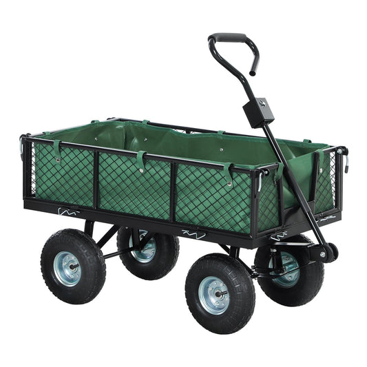 Outsunny 114L Steel Frame Garden Cart Trolley with a green fabric liner and black steel frame