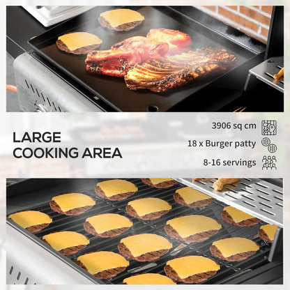 Outsunny 12kW Deluxe Duo Gas BBQ, close up of the large cooking area of the gas barbecue with burgers and steaks