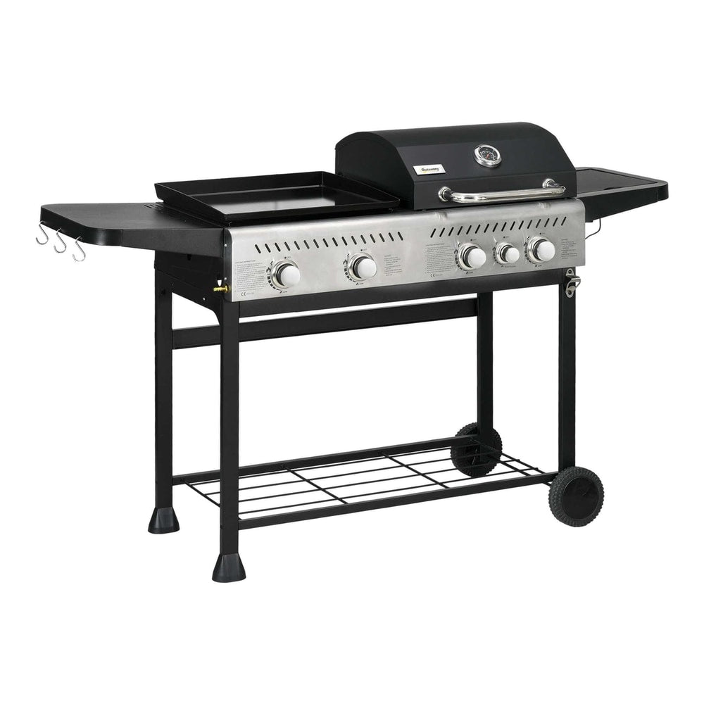 Outsunny 12kW Deluxe Duo Gas BBQ, a black four-burner gas barbecue with a grill, plancha and side burner